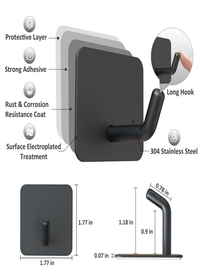 VIS'V Adhesive Hooks, Waterproof Stick on Shower Towel Hooks, Stainless Steel, Black, 6 Pcs - Image 3